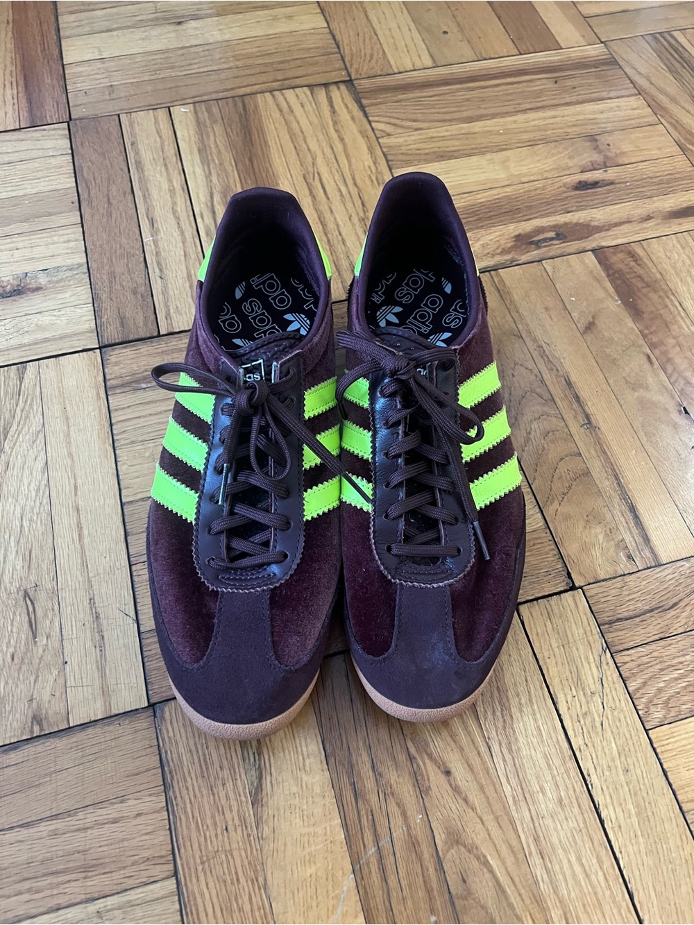 adidas Women’s Velvet SL-72 Sneaker in Burgundy with Neon Yellow Stripes